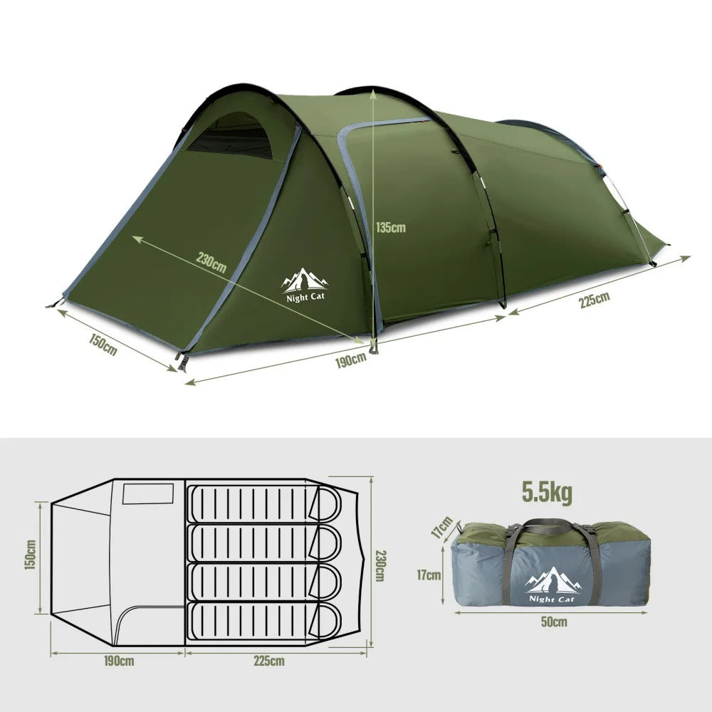 Night Cat 4 Person Family Tent With Porch Waterproof Camping
