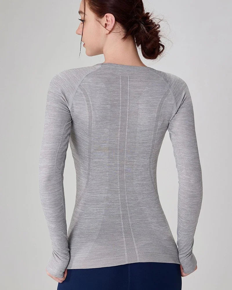 Women Seamless Yoga Top Round Neck Long Sleeve Fitness Shirt