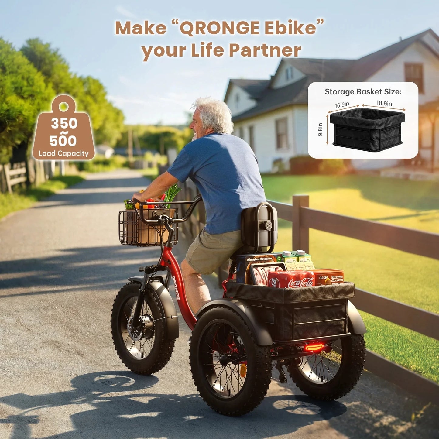 QRONGE 960W Fat Tire Folding Electric Tricycle For Adults