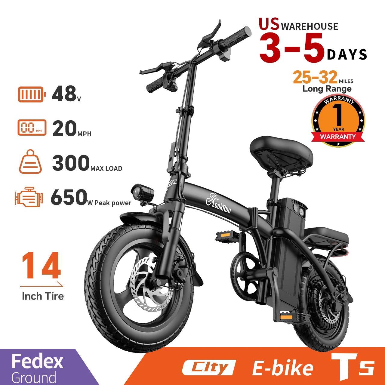 Lookrun Folding Electric Bike 650W 48V Lithium Battery