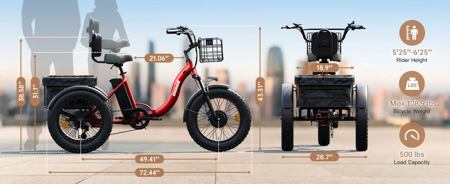 QRONGE 960W Fat Tire Folding Electric Tricycle For Adults