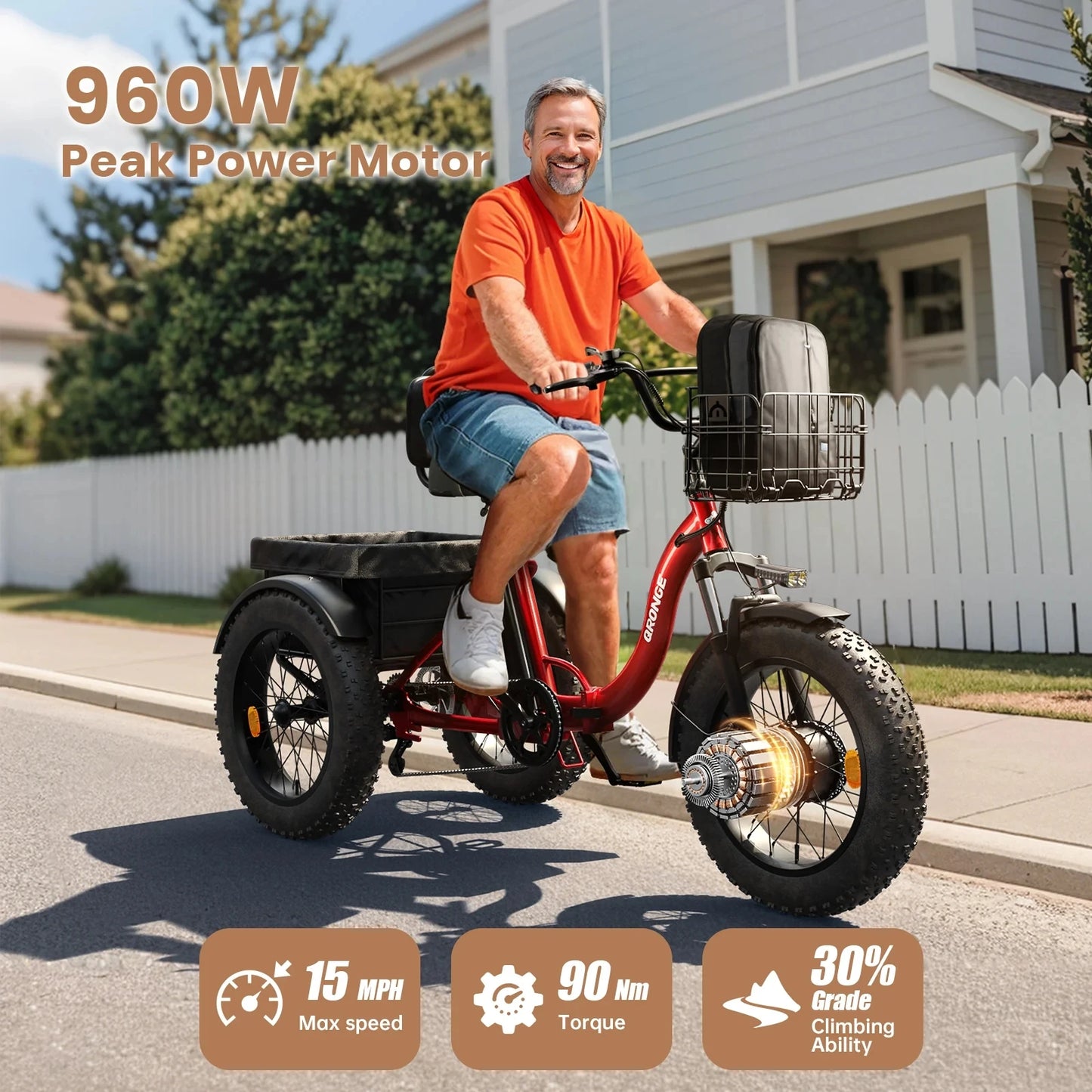 QRONGE 960W Fat Tire Folding Electric Tricycle For Adults