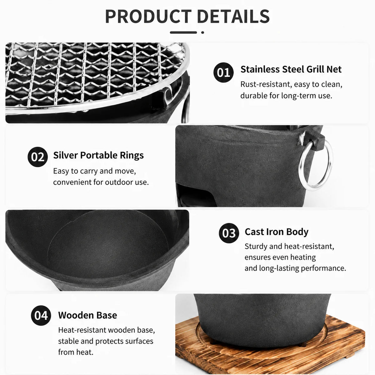Zoe Portable Charcoal Tabletop Grill With Removable Cast Iron Grate