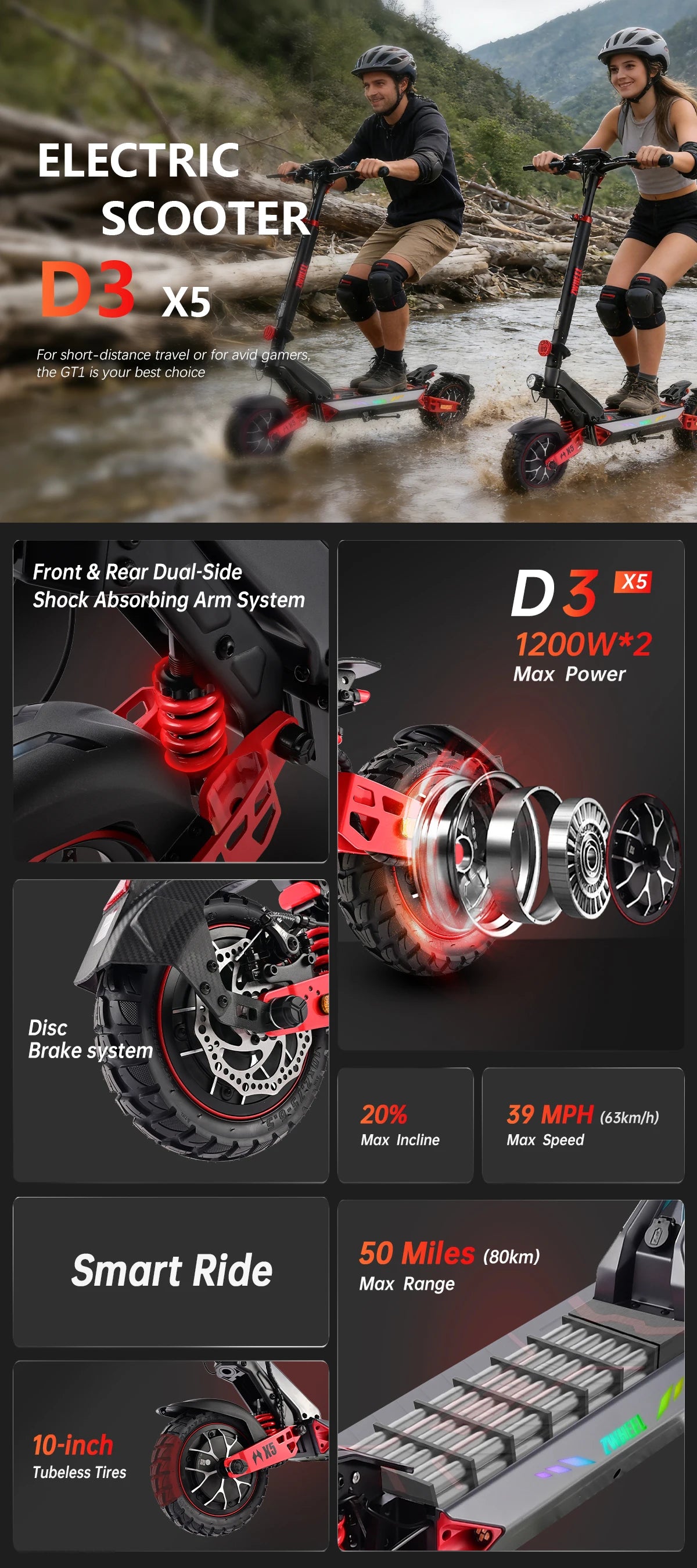 ZWHEEL D3 Dual Motors Electric Scooter 2400W 50 Mile Foldable