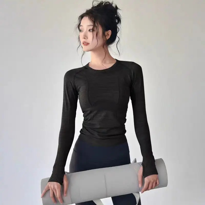 Women Yoga Tops Round Neck Seamless Running Shirt Nylon Elastane