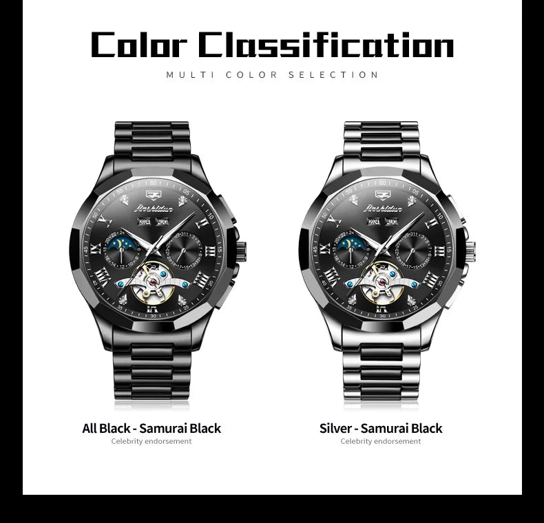 JSDUN Moon Phase Men's Automatic Watch Elegant Ceramic Strap Stainless steel Skeleton Chronograph Date TOP Brand Man Watches NEW
