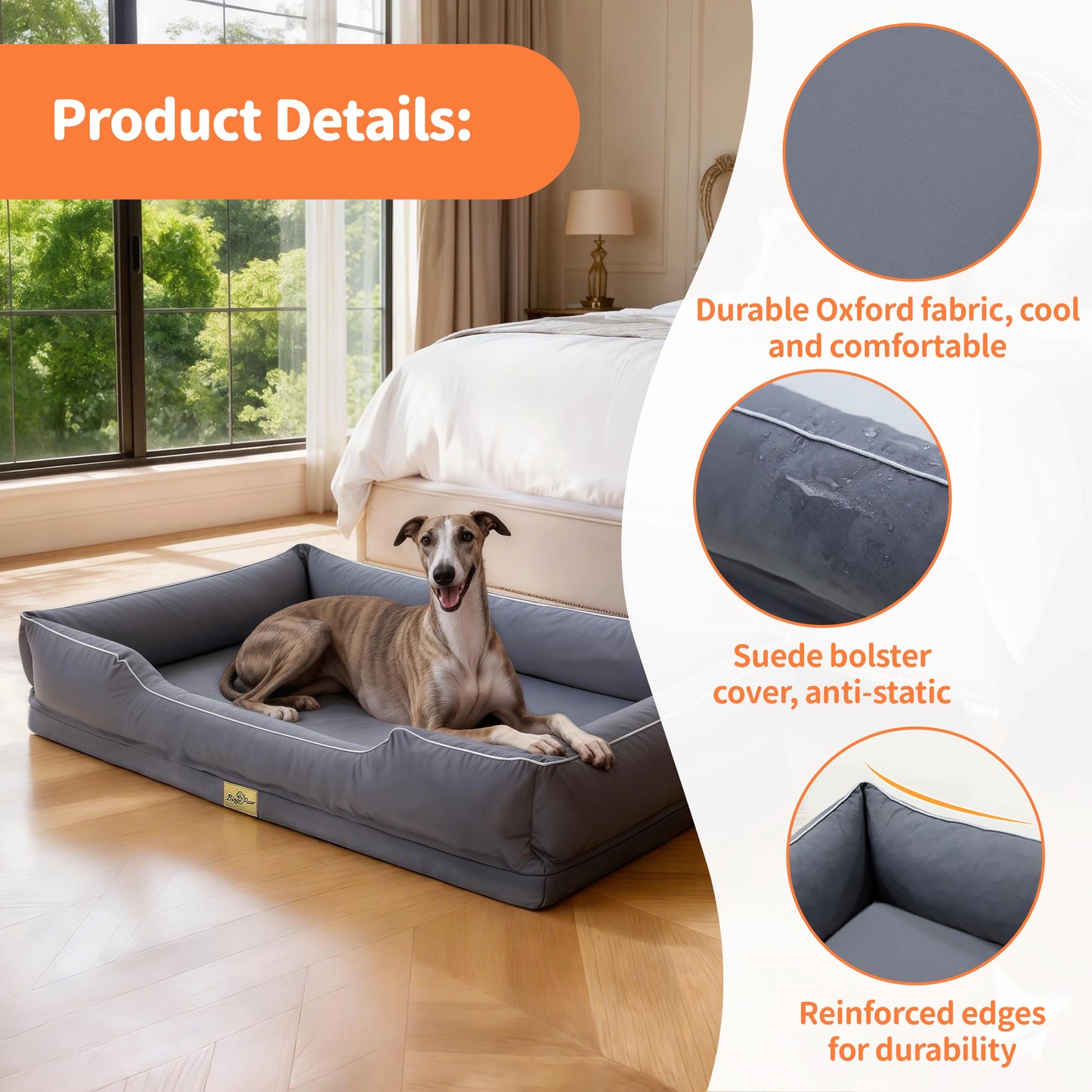 Large Orthopedic Dog Bed Pet Sofa with Bolster Sides Waterproof Liner Pet Couch with Washable Removable Cover and Non-Slip Bottom