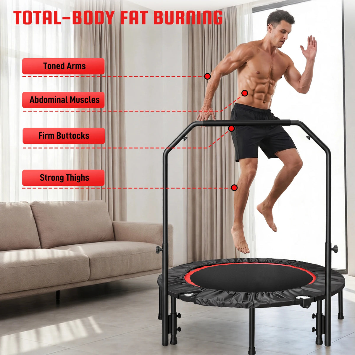 Folding Fitness Rebounder Trampoline with Handlebar for Indoor Cardio