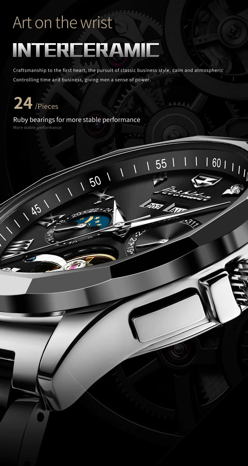 JSDUN Moon Phase Men's Automatic Watch Elegant Ceramic Strap Stainless steel Skeleton Chronograph Date TOP Brand Man Watches NEW