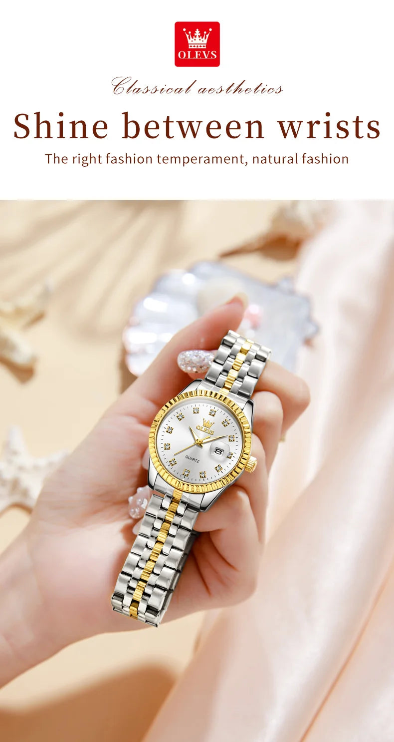 OLEVS Women's Watches Luxury Diamond Elegant Women Wristwatch Stainless Steel Waterproof Luminous Ladies Watch Jewelry Set