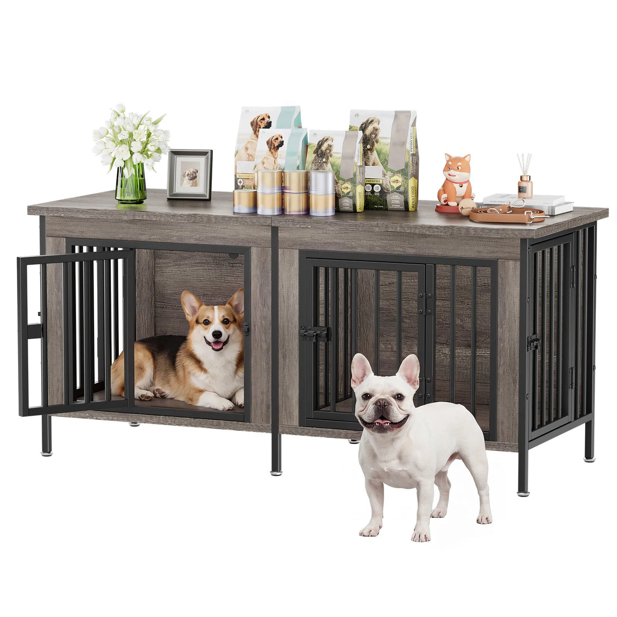 JHK Wooden Double Door Dog Kennel With Divider Furniture