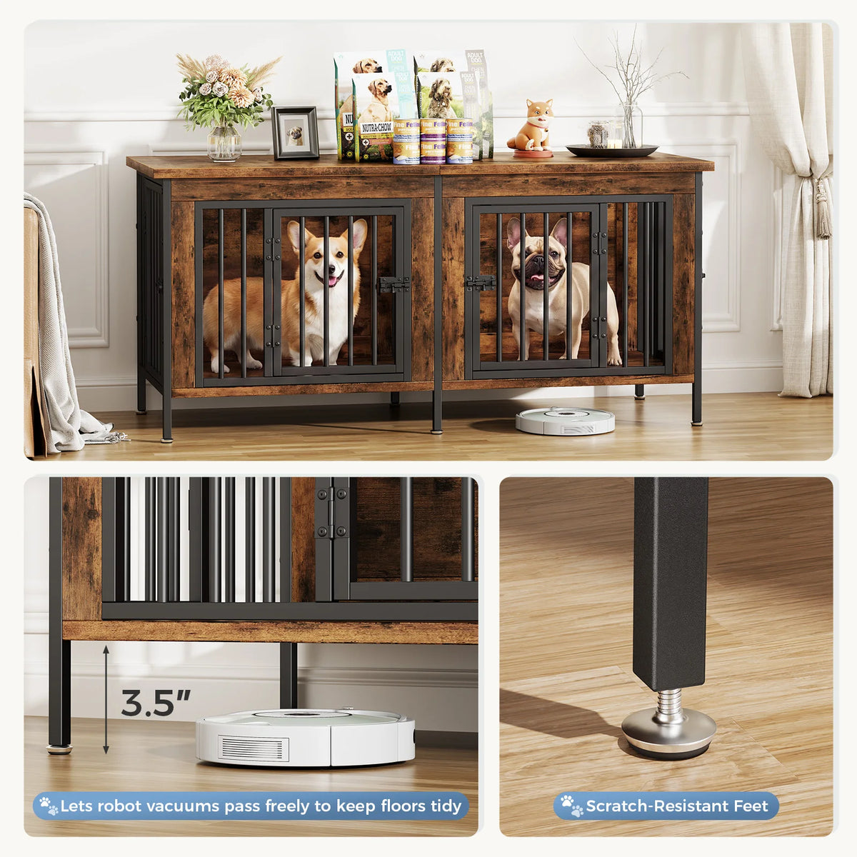 JHK Wooden Double Door Dog Kennel With Divider Furniture