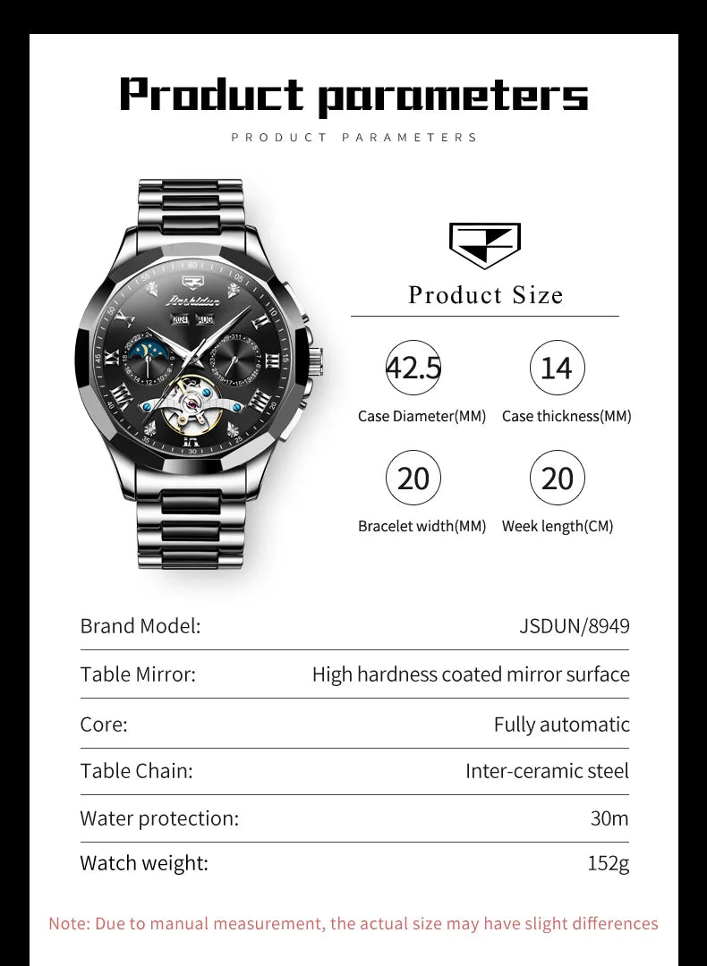 JSDUN Moon Phase Men's Automatic Watch Elegant Ceramic Strap Stainless steel Skeleton Chronograph Date TOP Brand Man Watches NEW