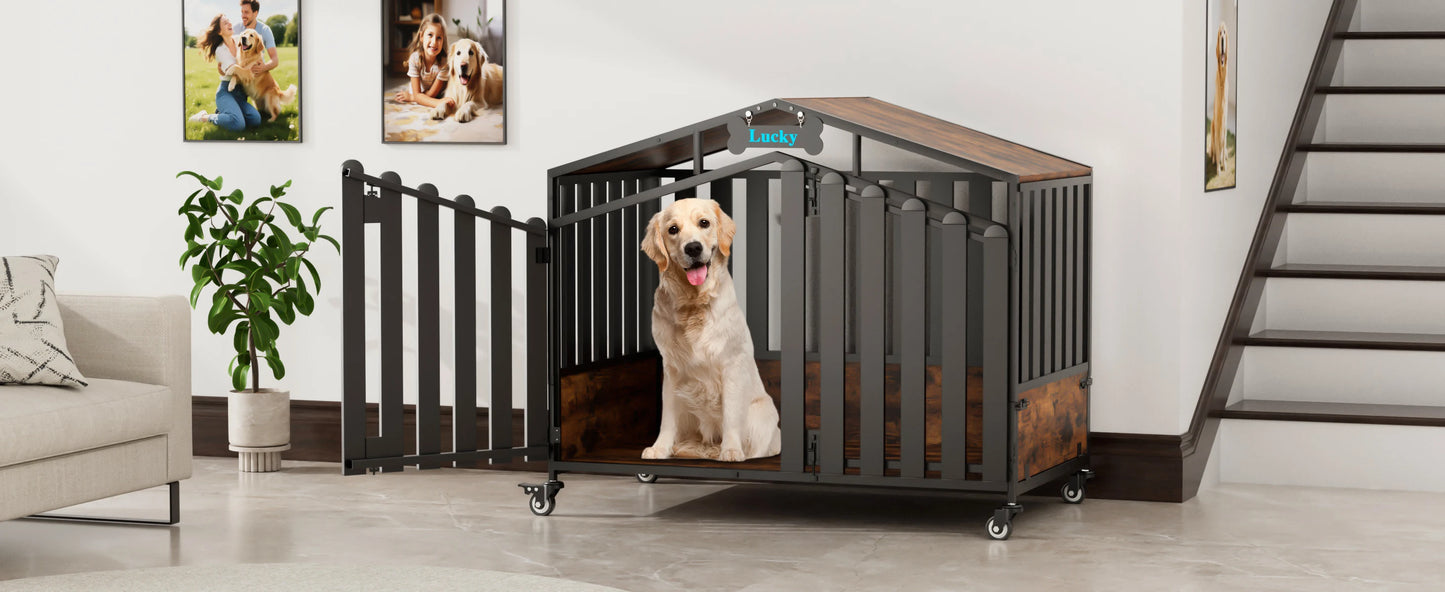 31"/41"/48“ XL Heavy Duty Dog Crate Furniture with Wheels, Dog Crates for Large Dogs Extra-Wide Thick Steel Plates for Chew Res
