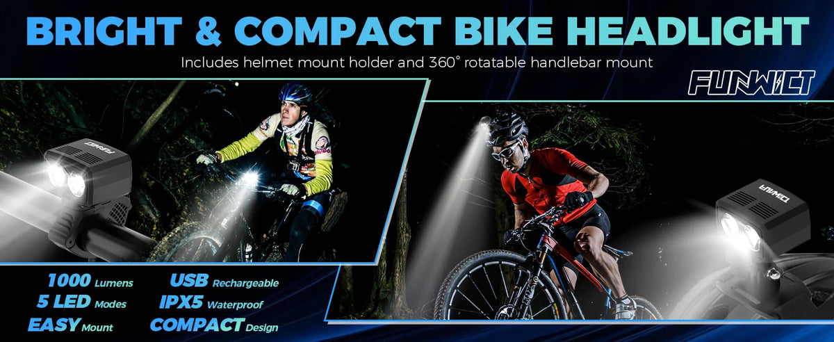 FUNWICT Waterproof USB Rechargeable LED Bicycle Headlight for Night Cycling