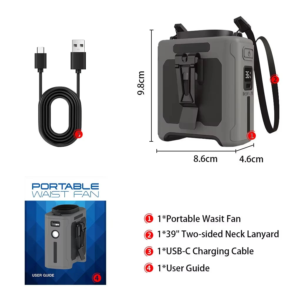 Portable 10000mAh Waist Clip Fan USB Rechargeable Five Speed