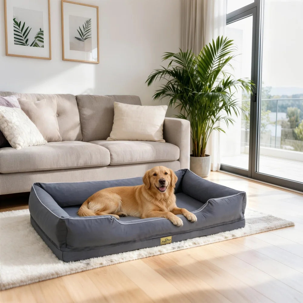Large Orthopedic Dog Bed Pet Sofa with Bolster Sides Waterproof Liner Pet Couch with Washable Removable Cover and Non-Slip Bottom