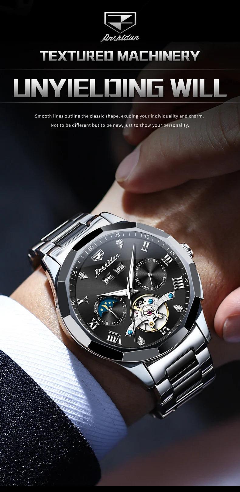 JSDUN Moon Phase Men's Automatic Watch Elegant Ceramic Strap Stainless steel Skeleton Chronograph Date TOP Brand Man Watches NEW