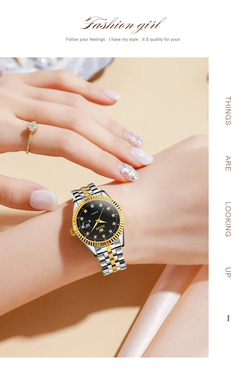 OLEVS Women's Watches Luxury Diamond Elegant Women Wristwatch Stainless Steel Waterproof Luminous Ladies Watch Jewelry Set