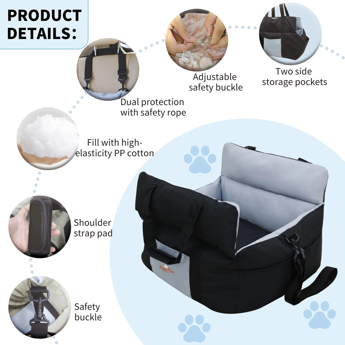 BORWART Portable Dog Car Booster Seat With Safety Belt Washable Cover