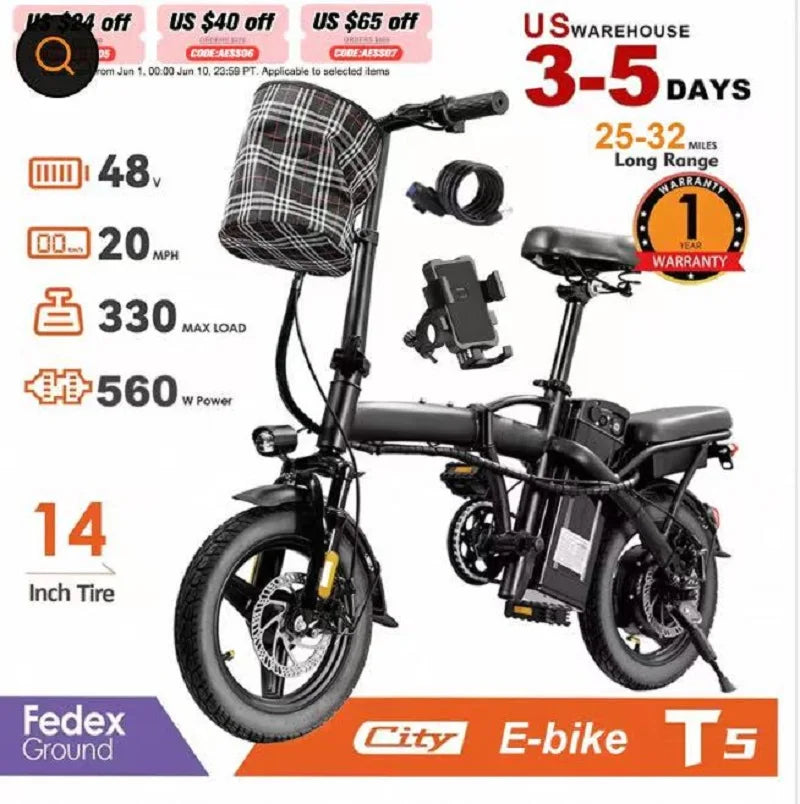 T5 Foldable Electric Bike 48V Peak Power Dual Disc Brakes