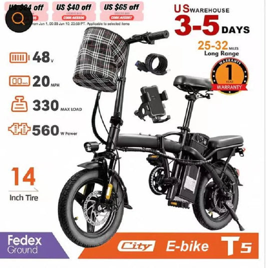 T5 Foldable Electric Bike 48V Peak Power Dual Disc Brakes