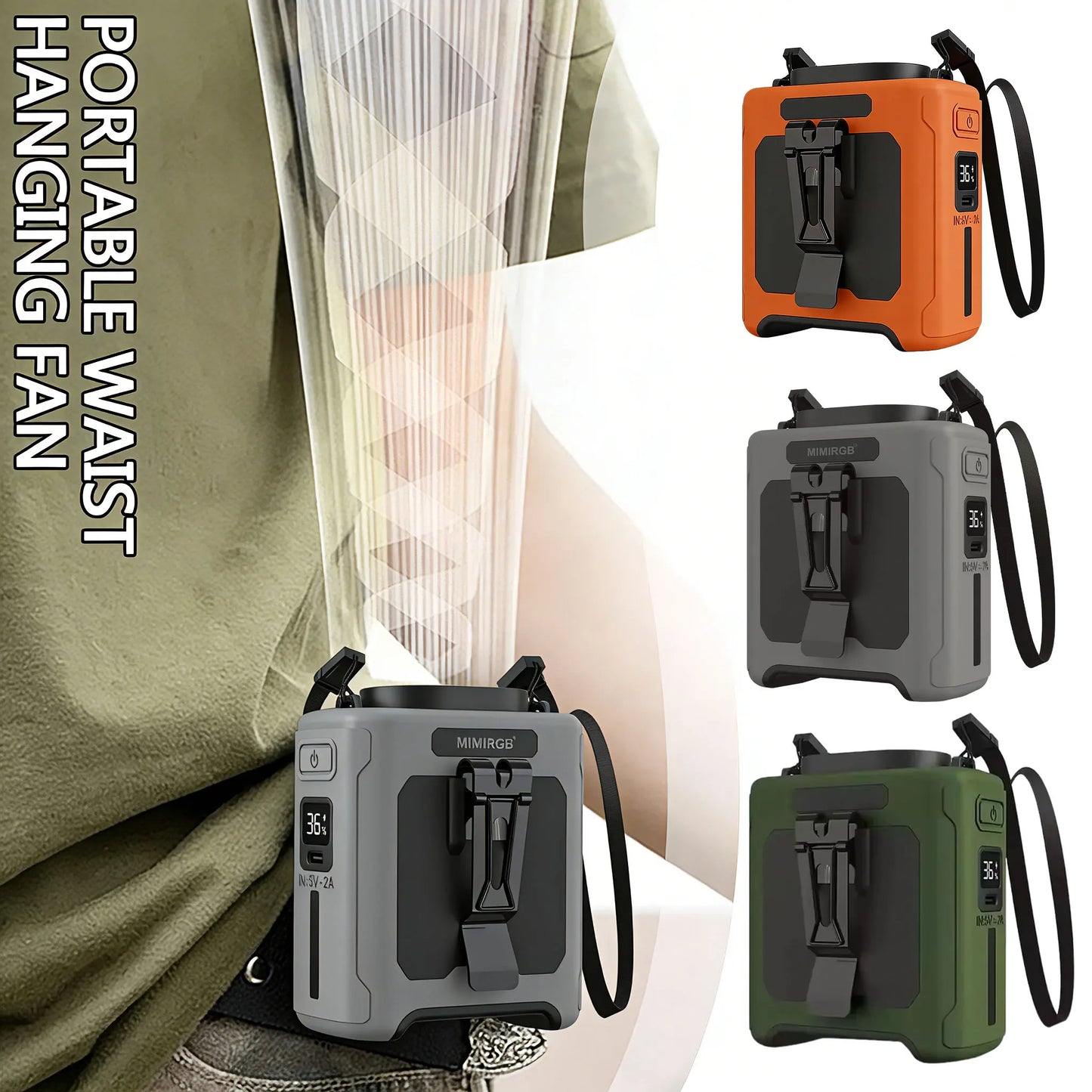Portable 10000mAh Waist Clip Fan USB Rechargeable Five Speed