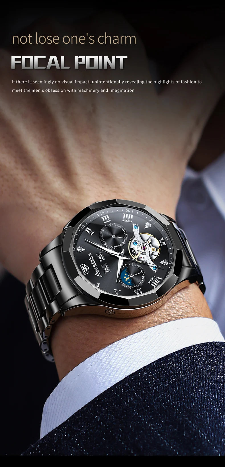 JSDUN Moon Phase Men's Automatic Watch Elegant Ceramic Strap Stainless steel Skeleton Chronograph Date TOP Brand Man Watches NEW