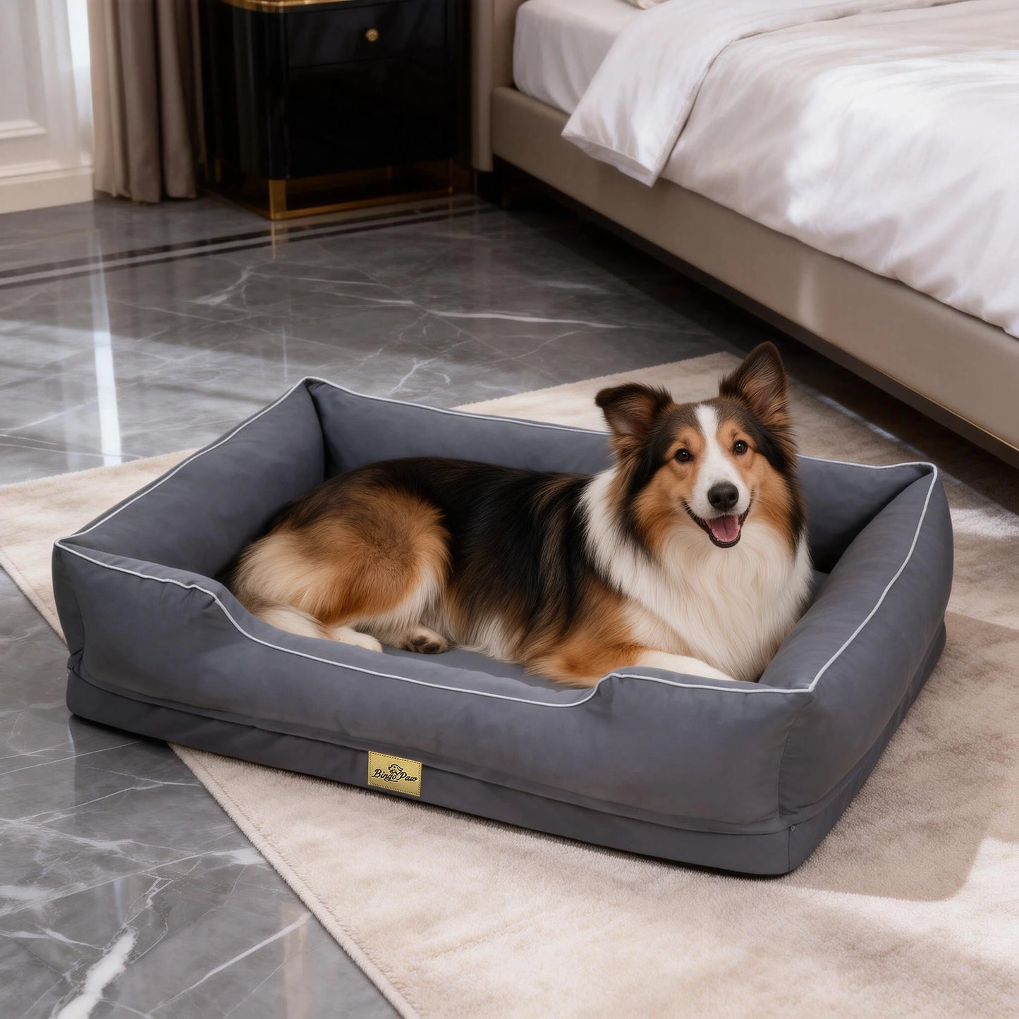 Large Orthopedic Dog Bed Pet Sofa with Bolster Sides Waterproof Liner Pet Couch with Washable Removable Cover and Non-Slip Bottom