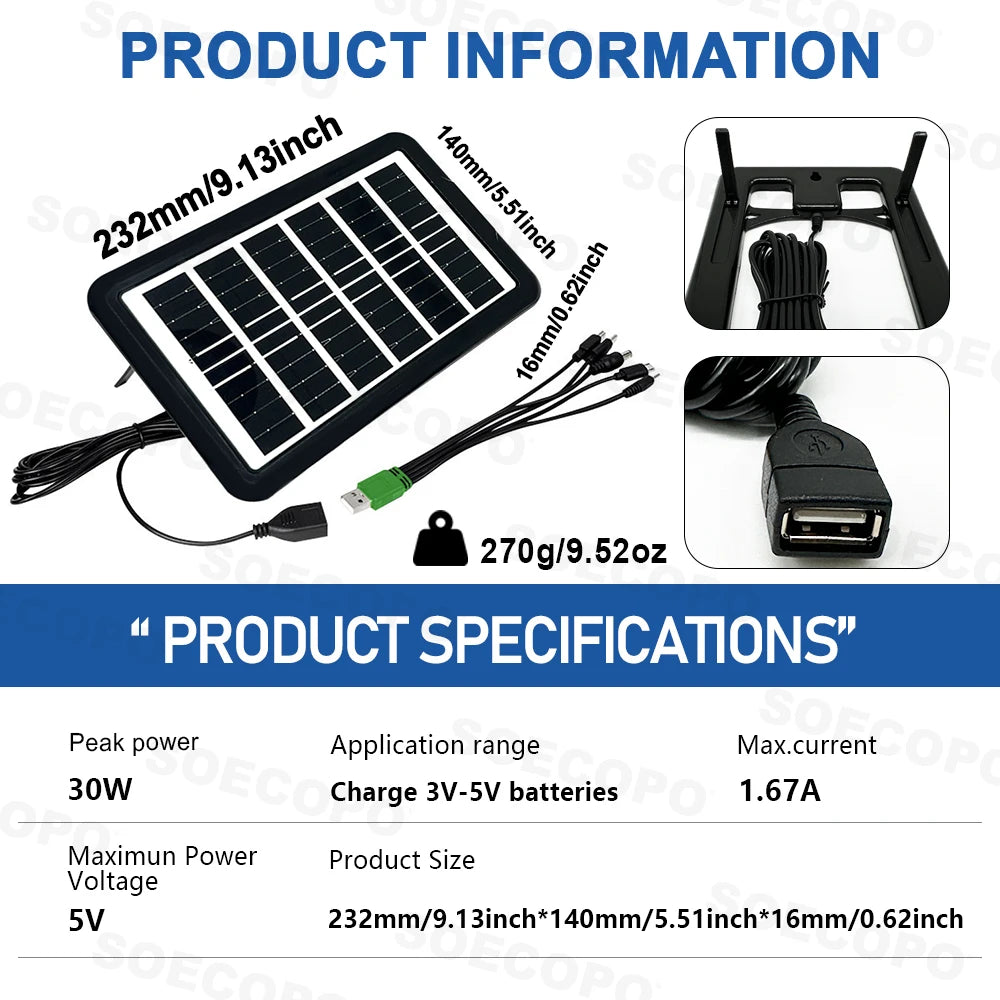 SOECOPO 30W Monocrystalline Solar Panel With USB Cable Included