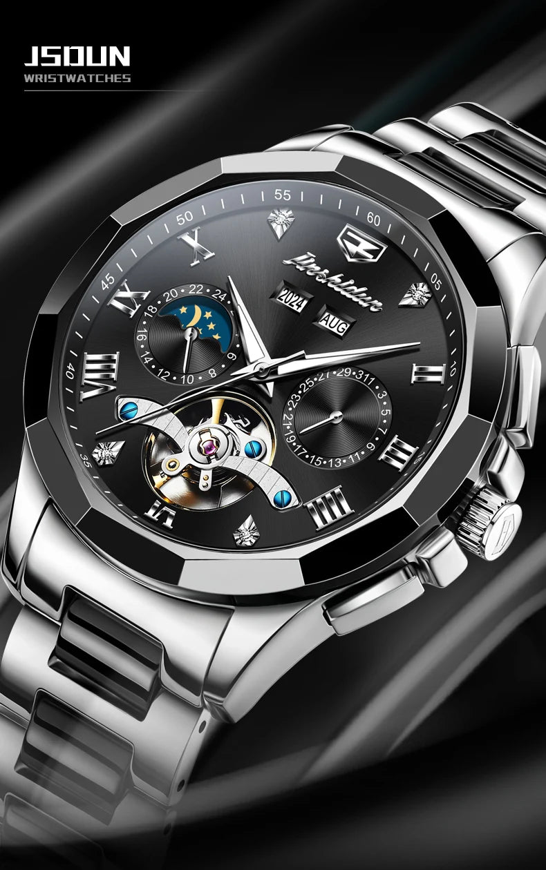 JSDUN Moon Phase Men's Automatic Watch Elegant Ceramic Strap Stainless steel Skeleton Chronograph Date TOP Brand Man Watches NEW