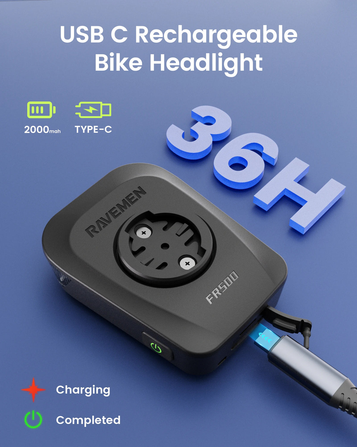 RAVEMEN FR500 USB-C Rechargeable Bicycle Headlight With Auto On Off