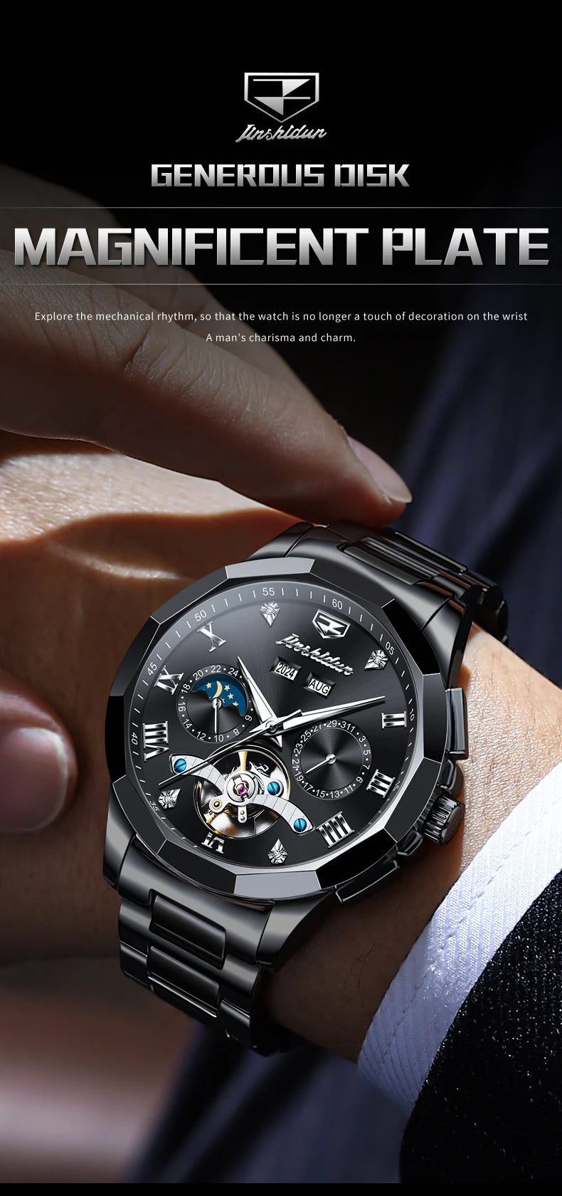 JSDUN Moon Phase Men's Automatic Watch Elegant Ceramic Strap Stainless steel Skeleton Chronograph Date TOP Brand Man Watches NEW