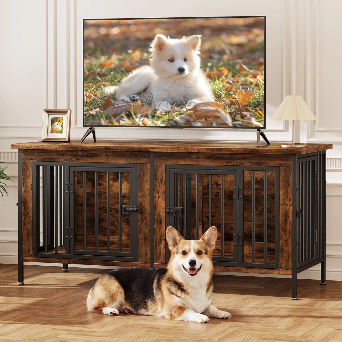 JHK Wooden Double Door Dog Kennel With Divider Furniture