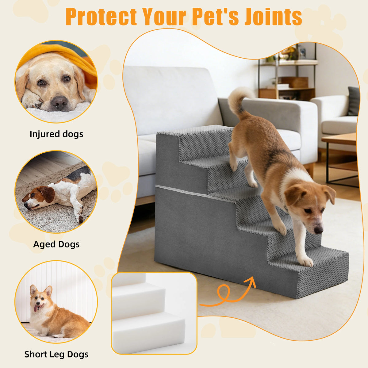 JHK Curved Foam Dog Stairs Non Slip Indoor Pet Ramp
