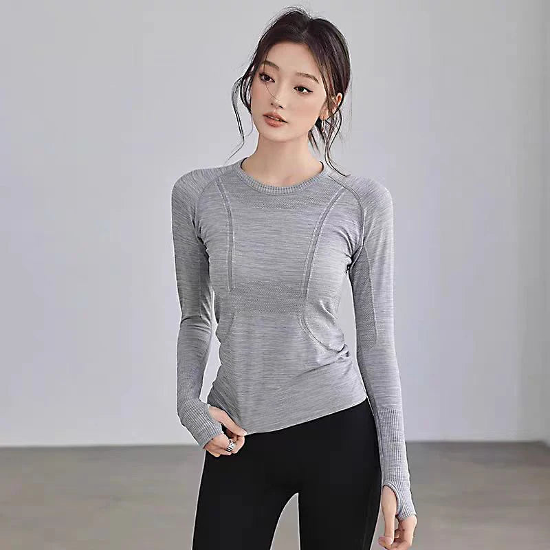 Women Yoga Tops Round Neck Seamless Running Shirt Nylon Elastane