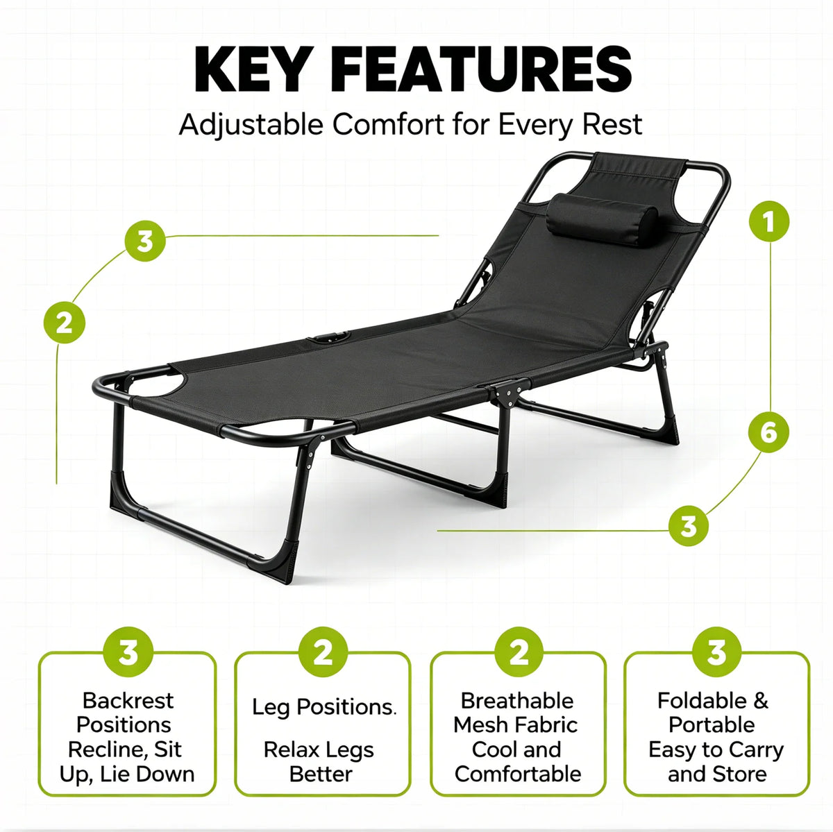 Adjustable Folding Camping Lounge Chair With Removable Cushion