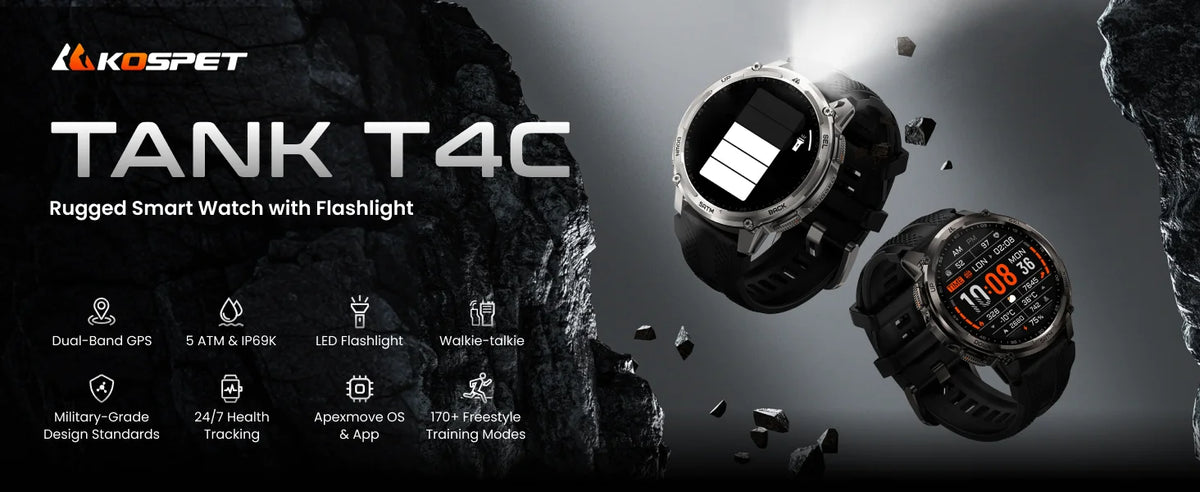 KOSPET Tank T4C Rugged Smartwatch With GPS Fitness Tracking