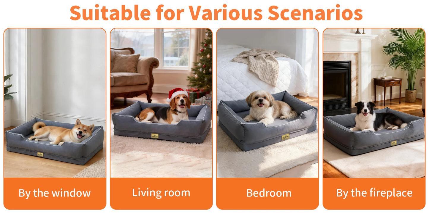 Large Orthopedic Dog Bed Pet Sofa with Bolster Sides Waterproof Liner Pet Couch with Washable Removable Cover and Non-Slip Bottom
