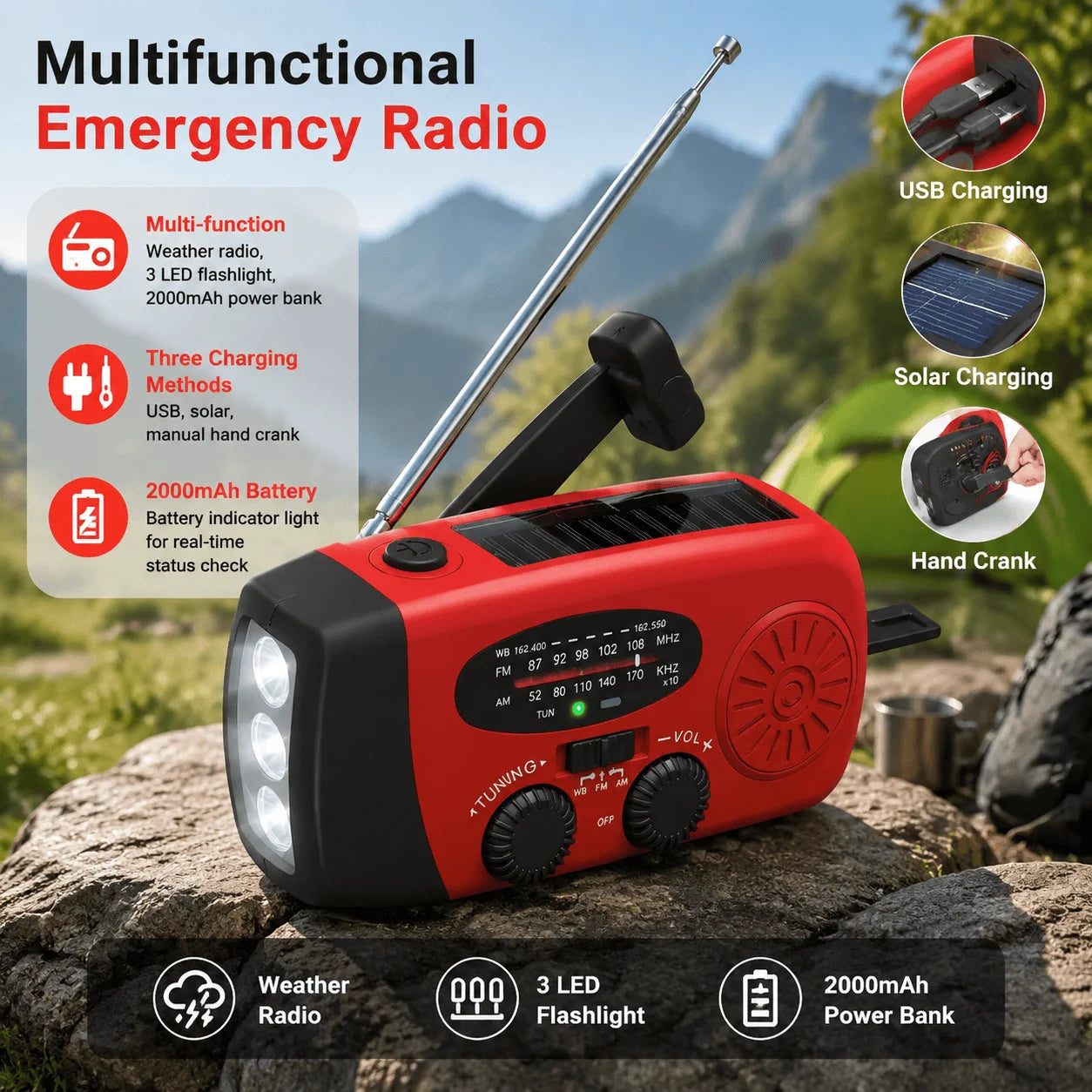 Portable Solar Hand Crank Emergency Radio With Power Bank