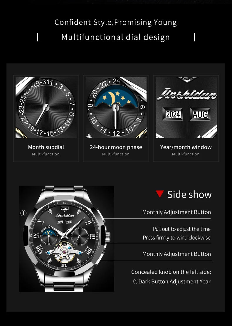 JSDUN Moon Phase Men's Automatic Watch Elegant Ceramic Strap Stainless steel Skeleton Chronograph Date TOP Brand Man Watches NEW