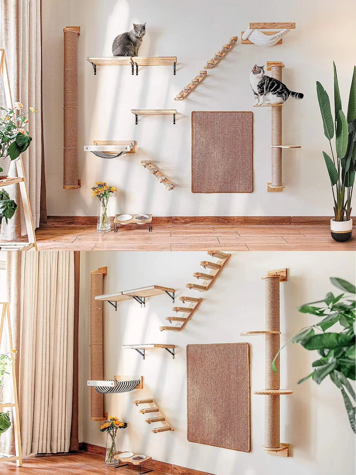 Wall Mounted Cat Tree With Sisal Scratching Posts And Hammock