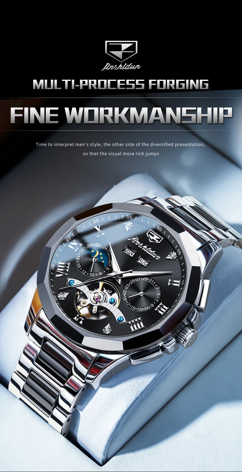JSDUN Moon Phase Men's Automatic Watch Elegant Ceramic Strap Stainless steel Skeleton Chronograph Date TOP Brand Man Watches NEW