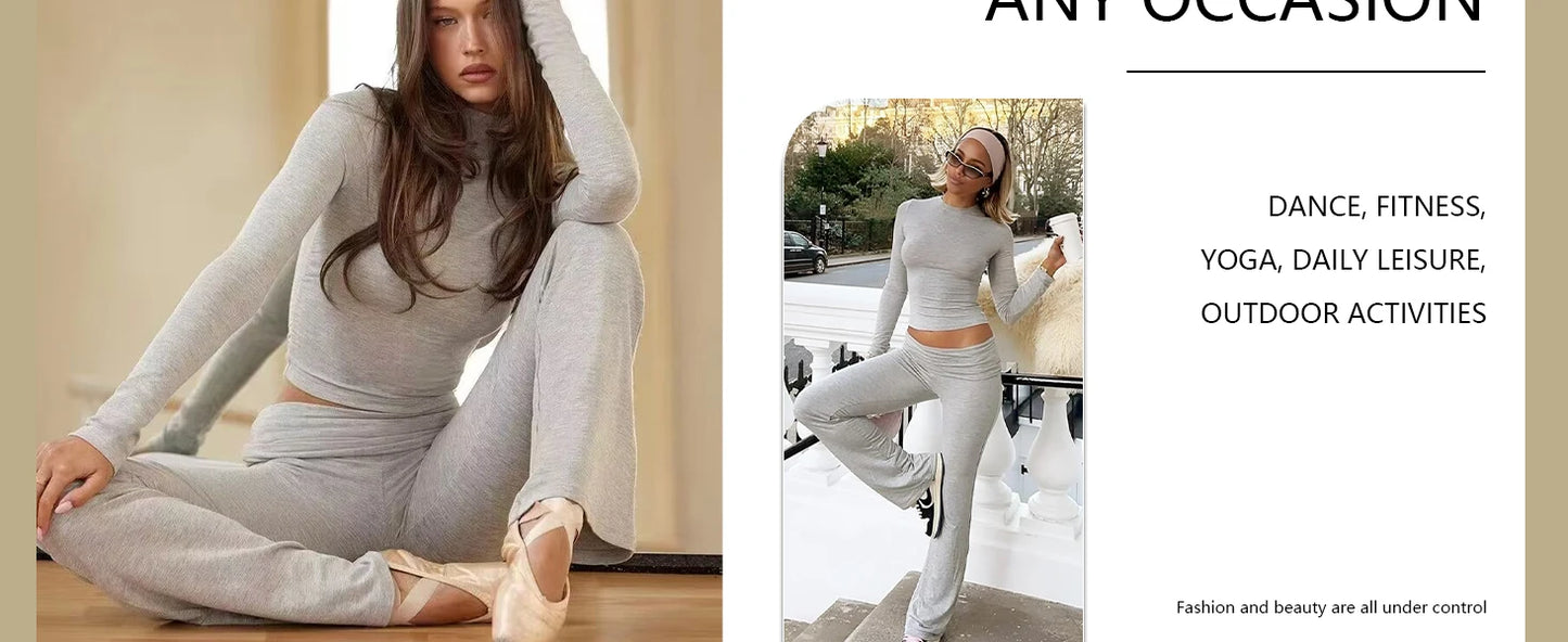 Womens Yoga Two Piece Set Long Sleeve Wide Leg Activewear