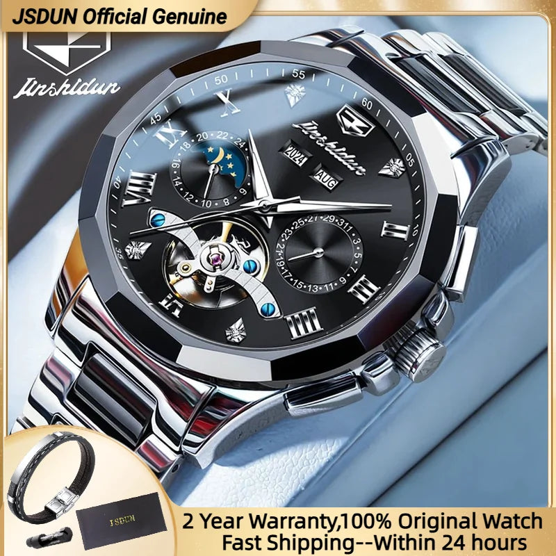 JSDUN Moon Phase Men's Automatic Watch Elegant Ceramic Strap Stainless steel Skeleton Chronograph Date TOP Brand Man Watches NEW