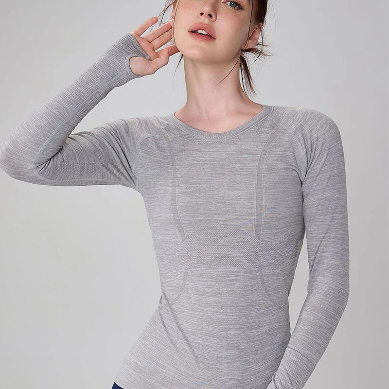 Women Yoga Tops Round Neck Seamless Running Shirt Nylon Elastane
