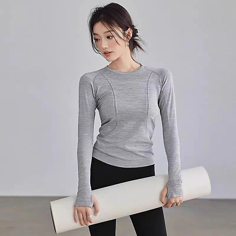 Women Yoga Tops Round Neck Seamless Running Shirt Nylon Elastane