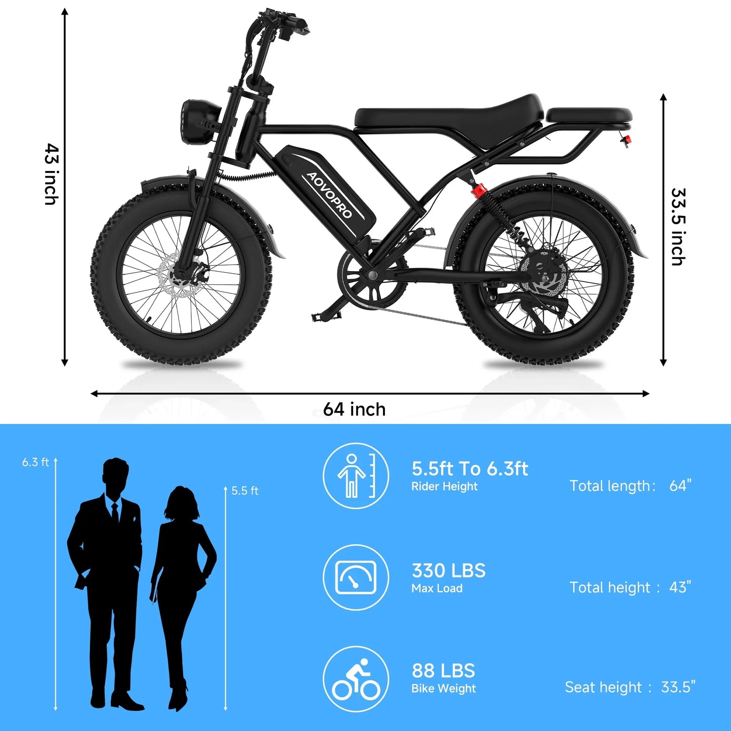 AOVOPRO AP20 Electric Bike 1500W 20" Fat Tire 31mph Top Speed 70 Miles Range for Road Sand Mountain Snow Electric Motorcycle
