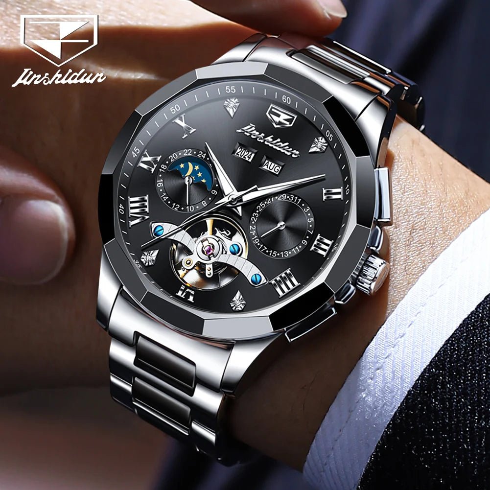 JSDUN Moon Phase Men's Automatic Watch Elegant Ceramic Strap Stainless steel Skeleton Chronograph Date TOP Brand Man Watches NEW