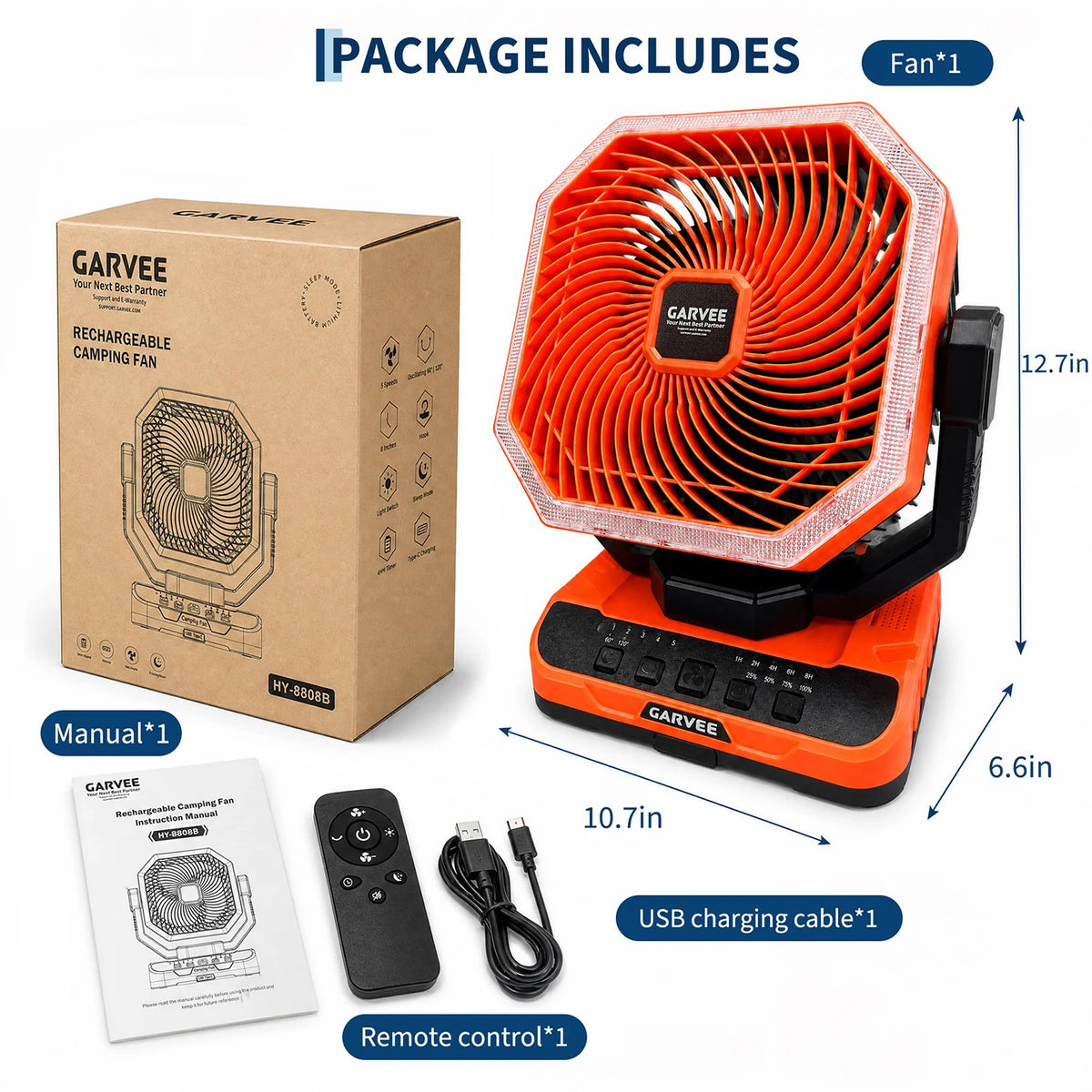 HiMISS Portable Camping Fan with LED Light Remote and Timer